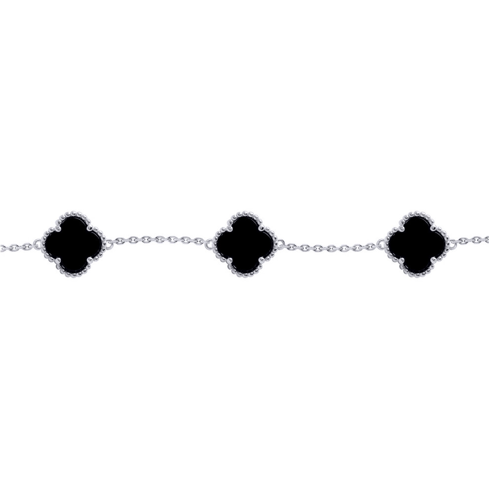 Silver  Black Clover Onyx Bead Edge Lucky Charm 5 Station Bracelet - ABB221