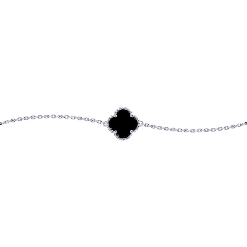 Silver  Black Clover Onyx Bead Edge Lucky Charm Chain Bracelet - ABB223