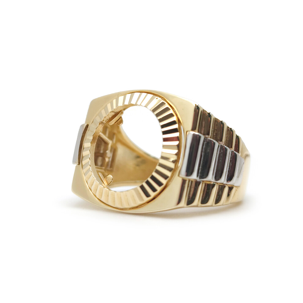 (L) Jewelco London Men's Solid 9ct 2-Colour Gold Fluted Sunburst Bezel Presidential Strap Half Sovereign Coin Mount Ring - JRN590-H