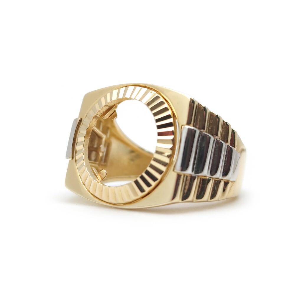 (X) Jewelco London Men's Solid 9ct 2-Colour Gold Fluted Sunburst Bezel Presidential Strap Full Sovereign Coin Mount Ring - JRN590-F