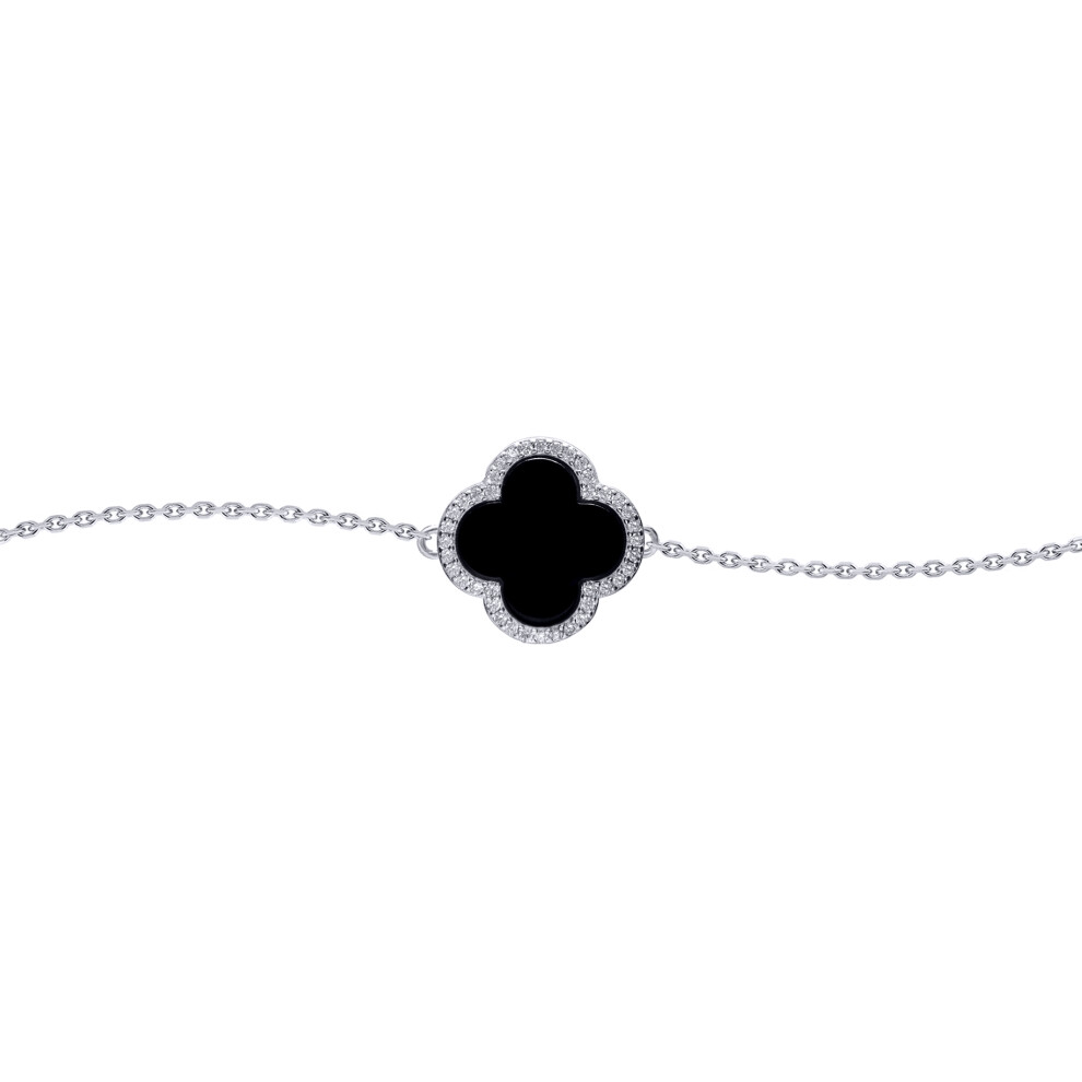 Jewelco London Silver Black Clover Onyx & CZ Halo Lucky Charm Chain Bracelet 7-8.5" - ABB241