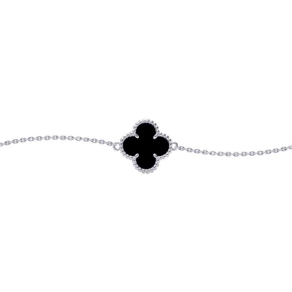 Jewelco London Silver Black Clover Onyx Lucky Charm Chain Bracelet 7-8.5" - ABB237