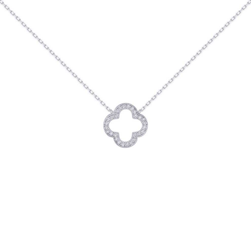 Silver  Round CZ Clover Halo Lucky Charm Pendant Necklace 17" 42cm - ANC097