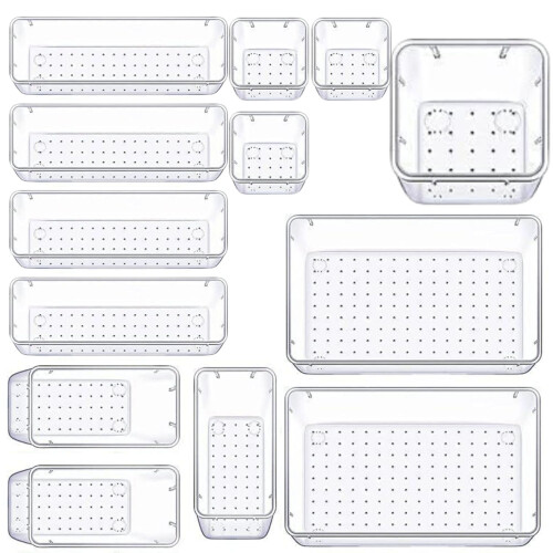 (13 PCS) 25 Desk Drawer Organizer Trays Clear Plastic Storage Boxes Divider for Makeup