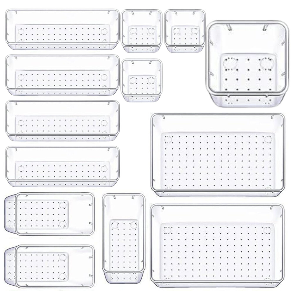 (13 PCS) 25 Desk Drawer Organizer Trays Clear Plastic Storage Boxes Divider for Makeup