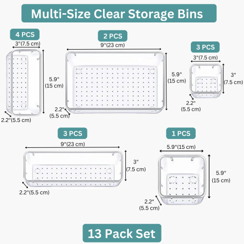 (13 PCS) 25 Desk Drawer Organizer Trays Clear Plastic Storage Boxes Divider for Makeup 2