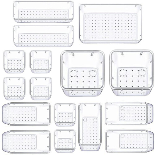 (16 PCS) 25 Desk Drawer Organizer Trays Clear Plastic Storage Boxes Divider for Makeup