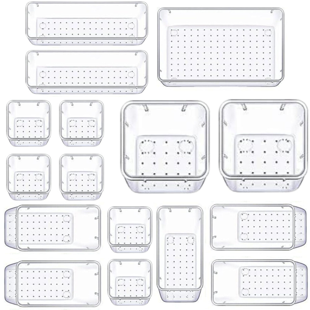 (16 PCS) 25 Desk Drawer Organizer Trays Clear Plastic Storage Boxes Divider for Makeup