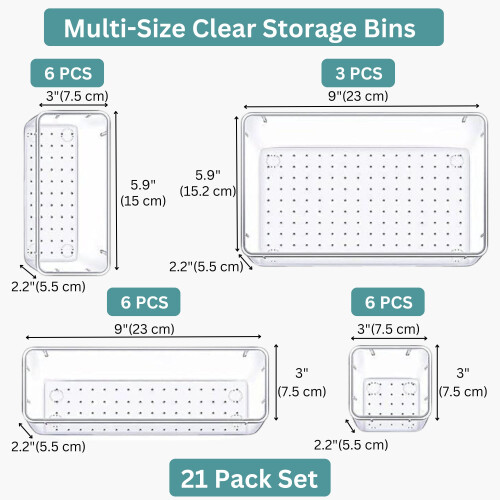 (21 PCS) 25 Desk Drawer Organizer Trays Clear Plastic Storage Boxes Divider for Makeup 2