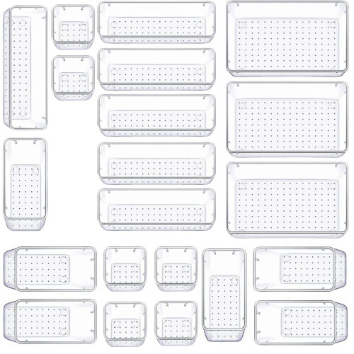 (21 PCS) 25 Desk Drawer Organizer Trays Clear Plastic Storage Boxes Divider for Makeup