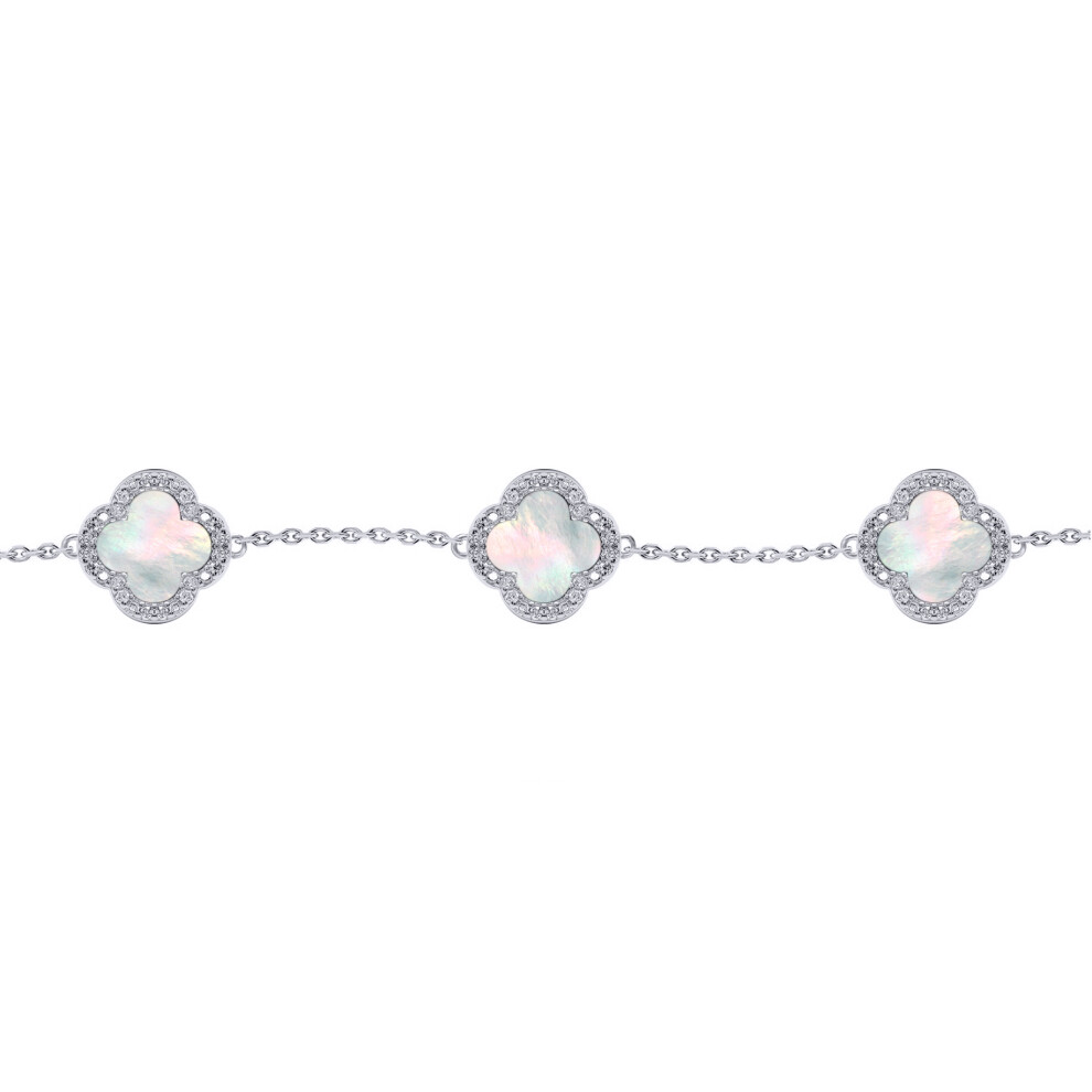 Jewelco London Silver Clover Mother of Pearl & CZ Halo Lucky Charm 5 Station Bracelet 7-8.5" - ABB250-image-OPC-PFDG6M7-NEW