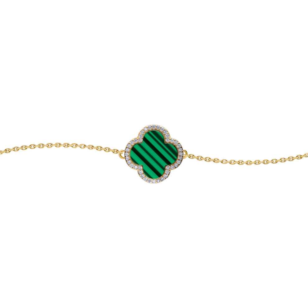 Jewelco London Gold-plated Silver Green Clover Malachite & CZ Halo Lucky Charm Chain Bracelet 7-8.5" - ABB244-GP