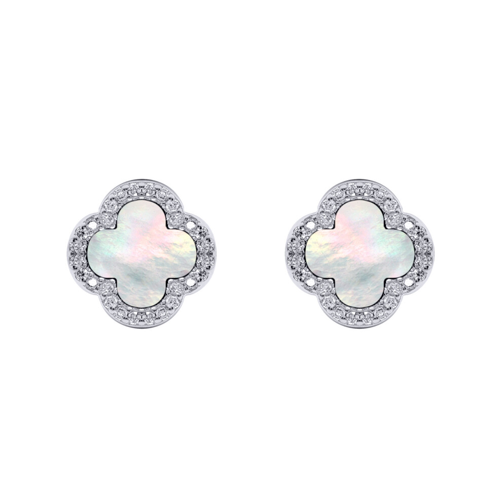 Jewelco London Rhodium Silver Clover Mother of Pearl & CZ Halo Lucky Charm Earrings 11mm - AES259