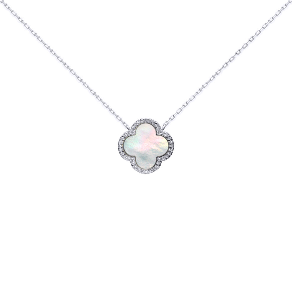 Jewelco London Silver Clover Mother of Pearl & CZ Halo Lucky Charm Pendant Necklace 16-18" - ANC103