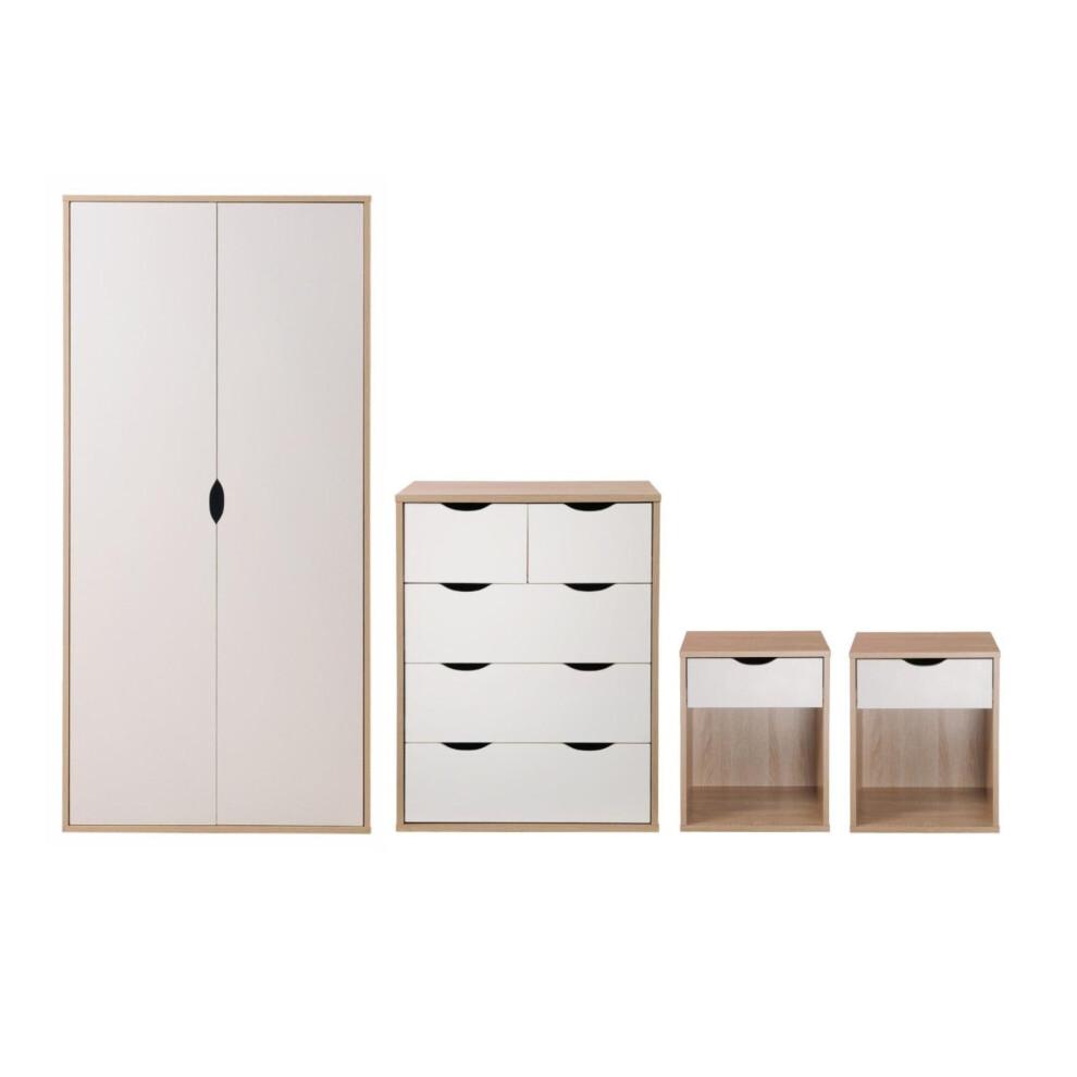 4 Piece Bedroom Set 2 Door Wardrobe 3+2 Drawer Chest 2 Bedside Tables White