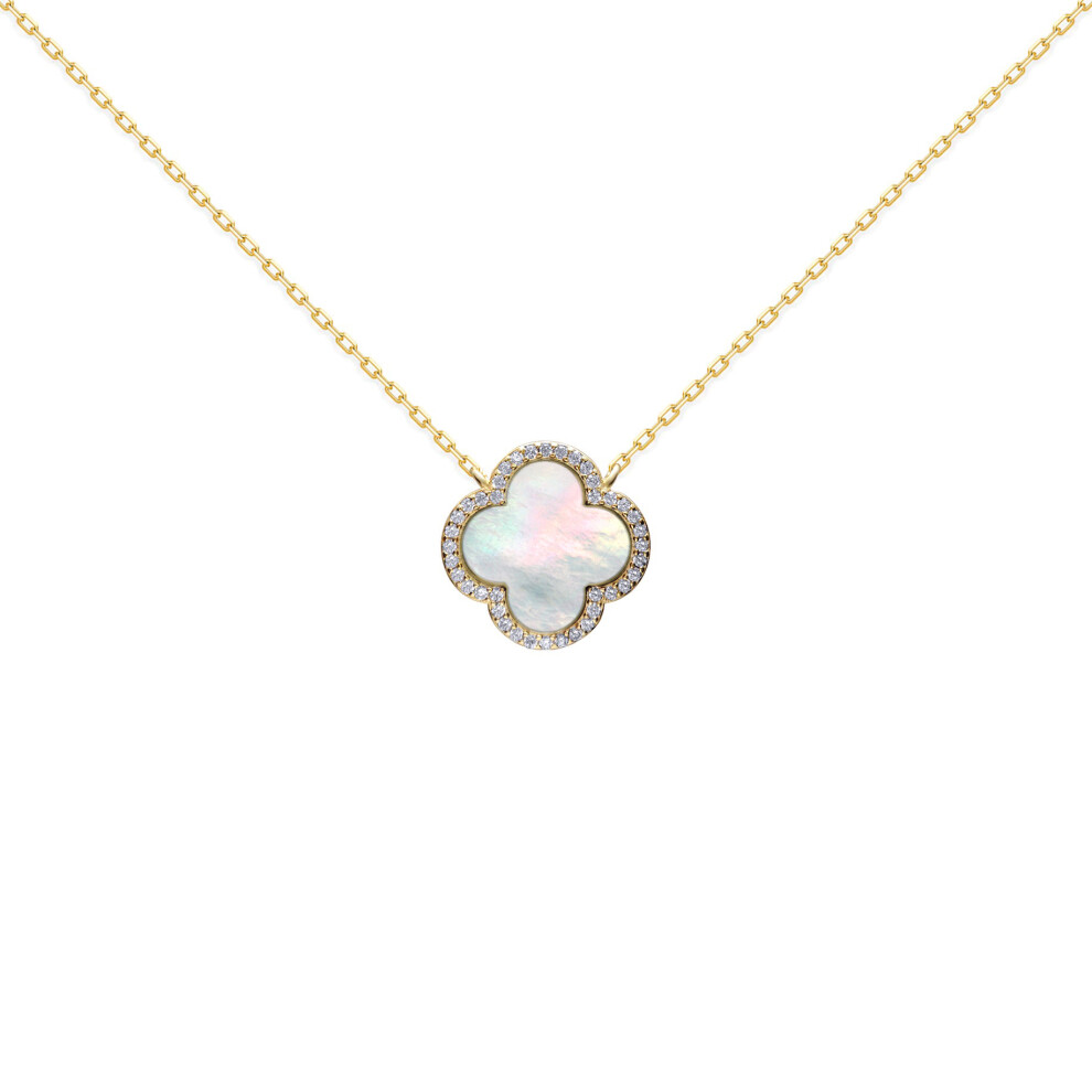 Jewelco London Gold-plated Silver Clover Mother of Pearl & CZ Halo Lucky Charm Pendant Necklace 16-18" - ANC103-GP