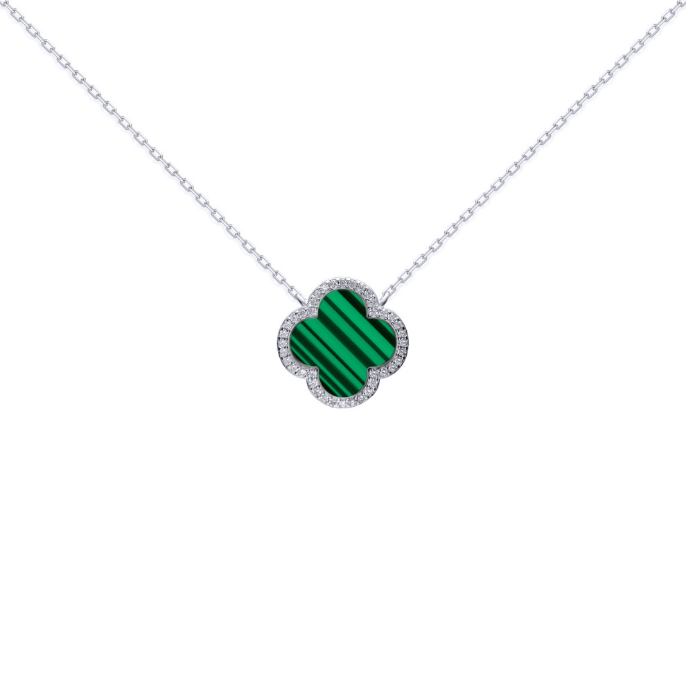 Jewelco London Silver Green Clover Malachite & CZ Halo Lucky Charm Pendant Necklace 16-18" - ANC105