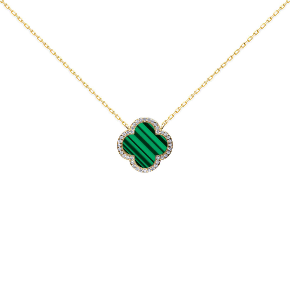 Jewelco London Gold-plated Silver Green Clover Malachite & CZ Halo Lucky Charm Pendant Necklace 16-18" - ANC105-GP