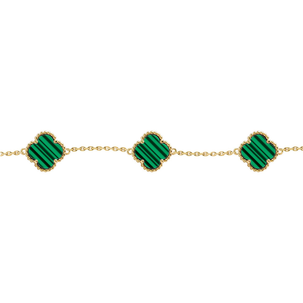 Gold-plated Silver  Green Clover Malachite Charm Station Bracelet - ABB232-GP