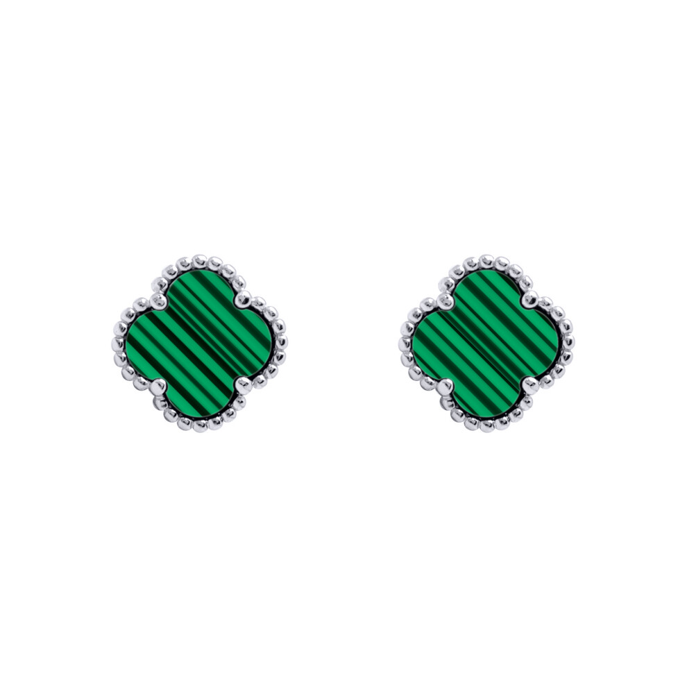 Silver  Green Clover Malachite Bead Edge Lucky Charm Stud Earrings - AES251