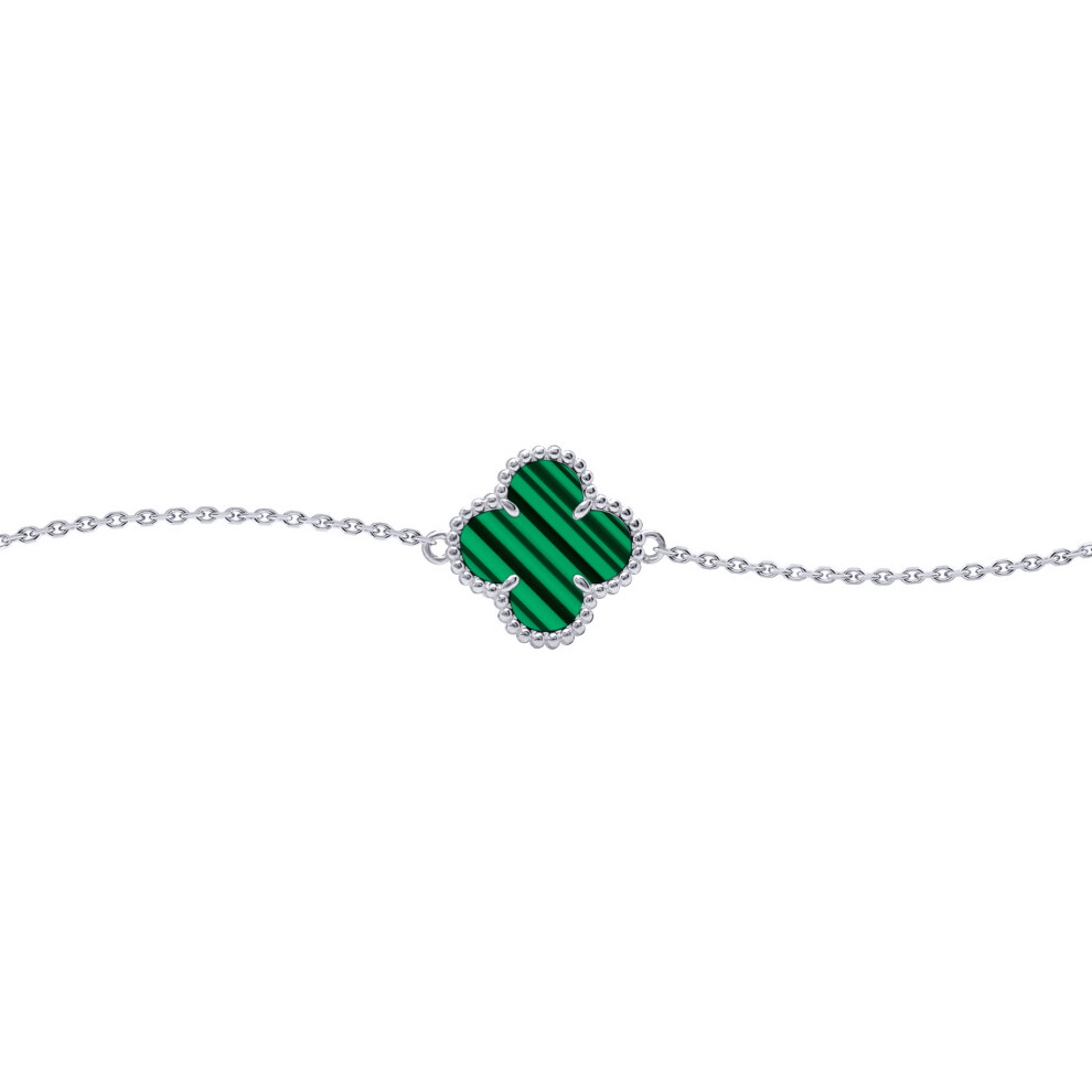 Jewelco London Silver Green Clover Malachite Lucky Charm Chain Bracelet 7-8.5" - ABB240