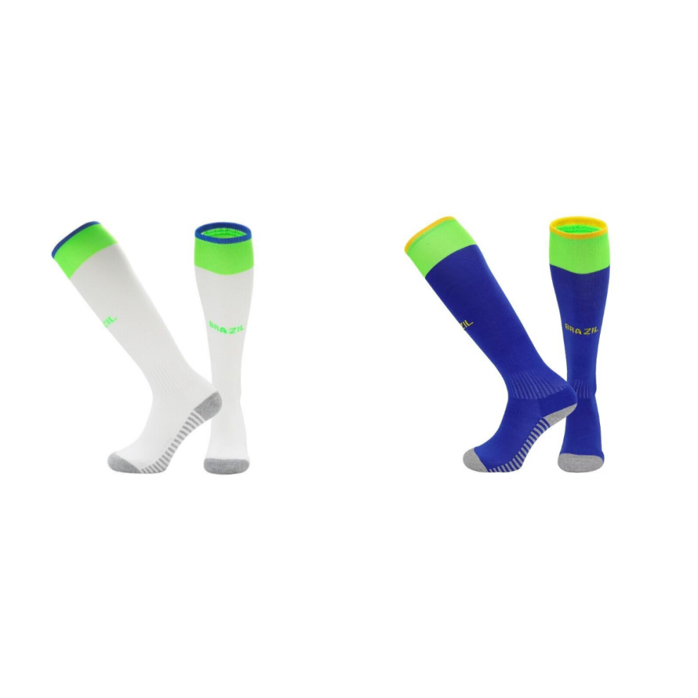 (Brazil, Kids(EU 30-36)) 2 pack set Football Training Activewear Socks Non-slip Knee High Grip Soccer Socks for Kids Teens