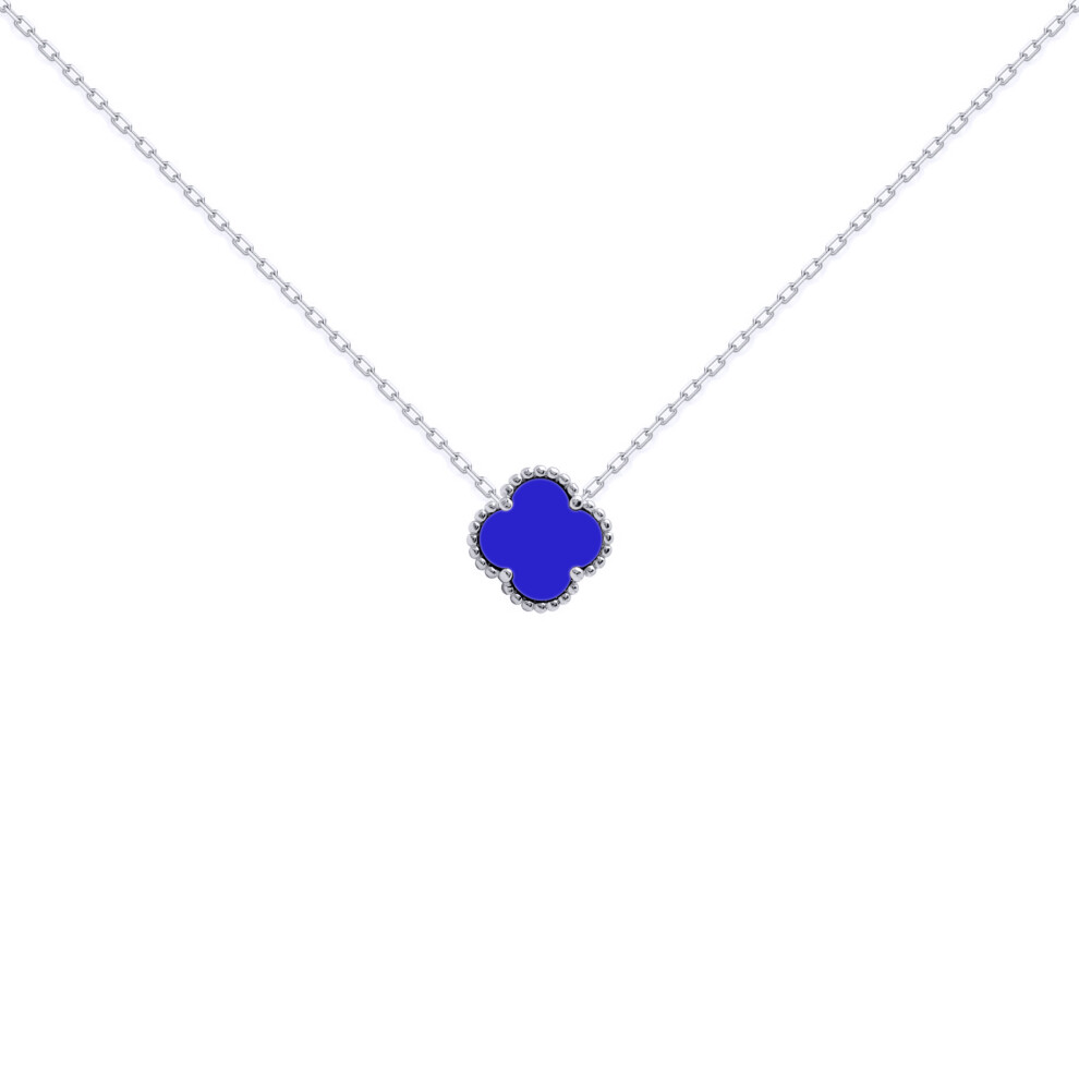 Jewelco London Rhodium Silver Blue Clover Agate Lucky Charm Pendant Necklace 14mm 16-18" 40-45cm - ANC100