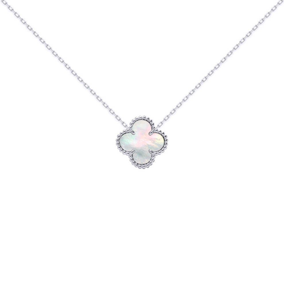 Rhodium Silver  Clover Mother of Pearl Lucky Charm Necklace 17" - ANC072