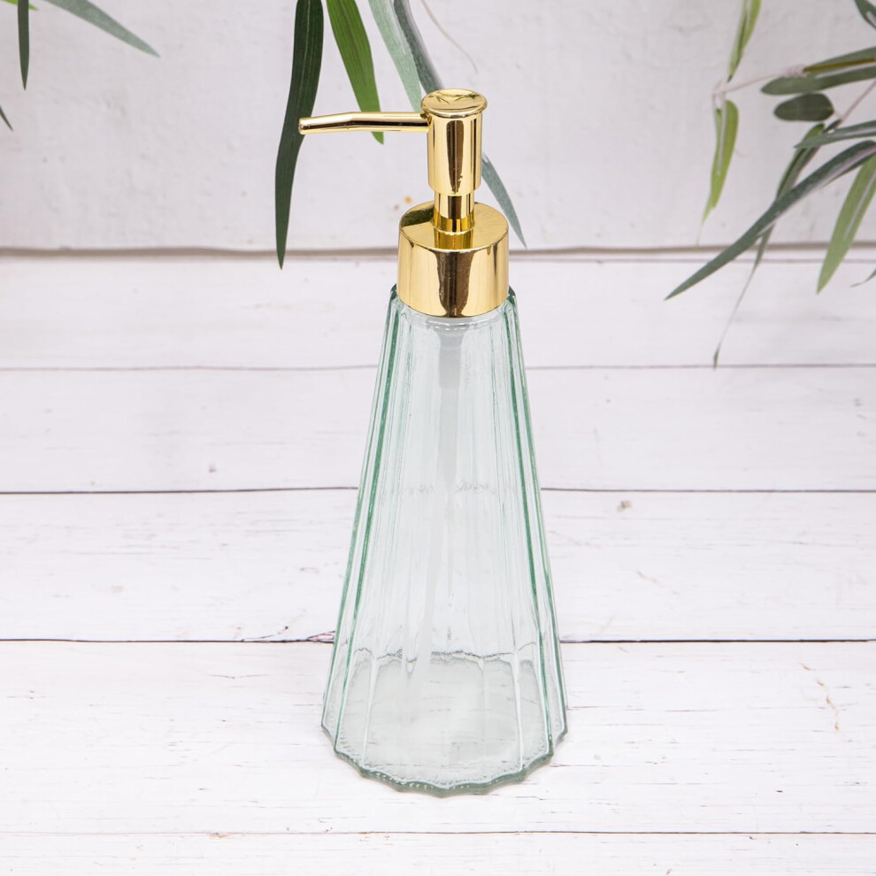 (Green) Vintage Ribbed Glass Refillable Soap/Lotion Dispensers with Gold Pump