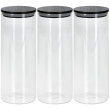 (3x 1050ml Jars) Clear Glass Cylinder Storage Jars With Black Lid