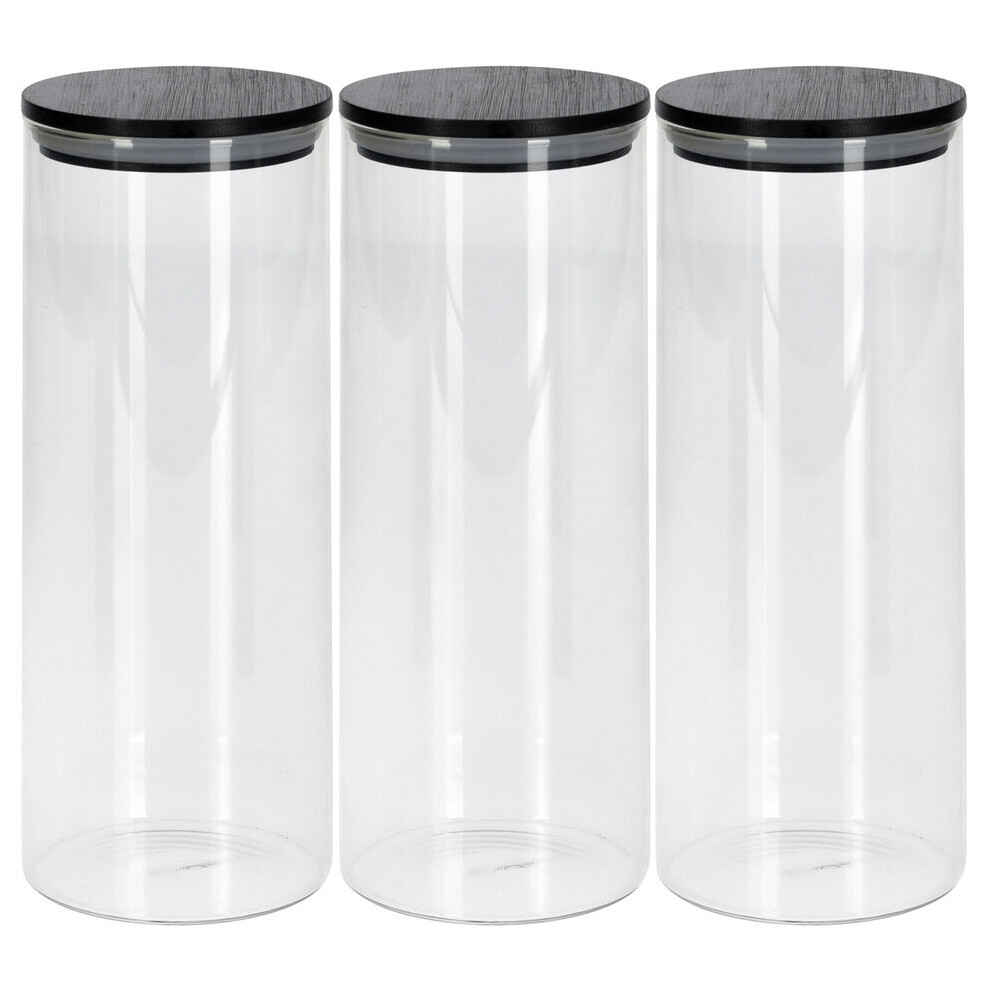 Urbn-Chef (3X 1050Ml Jars) Clear Glass Cylinder Storage Jars With Lid Black
