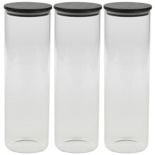 (3x 1320ml Jars) Clear Glass Cylinder Storage Jars With Black Lid