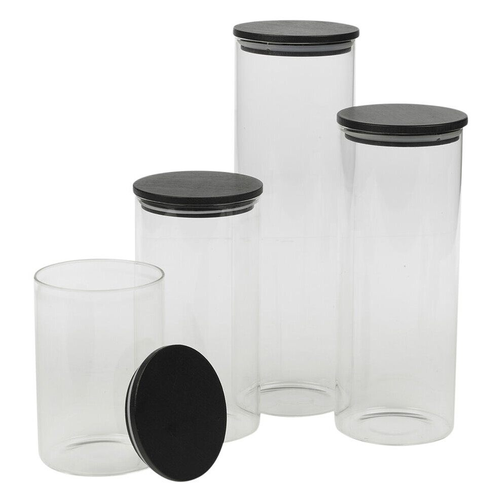 Urbn-Chef (4Pc Set 1 Of Each Size) Clear Glass Cylinder Storage Jars With Black Lid