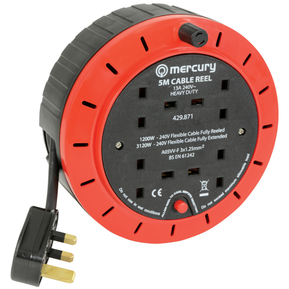 5M Mercury 4 Gang Extension Reel With Thermal Cut-Out 5015972185278