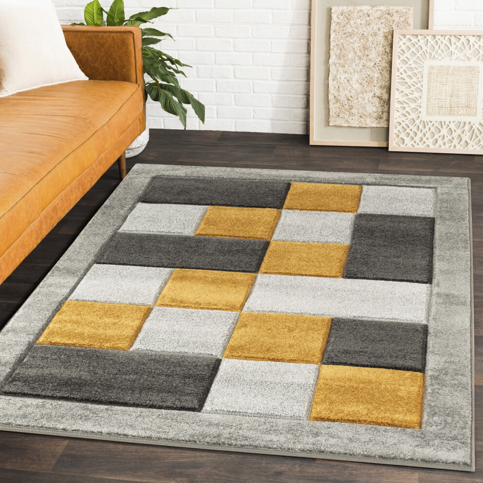 (GREY / YELLOW, 160 cm x 220 cm) Geometric checks living room rug Beige Grey Mat