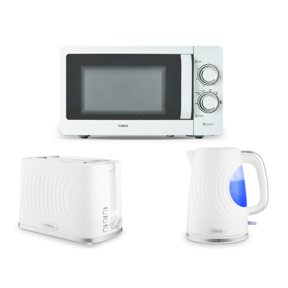 Tower Sonar Kettle, 2 Slice Toaster & Manual Microwave Set White