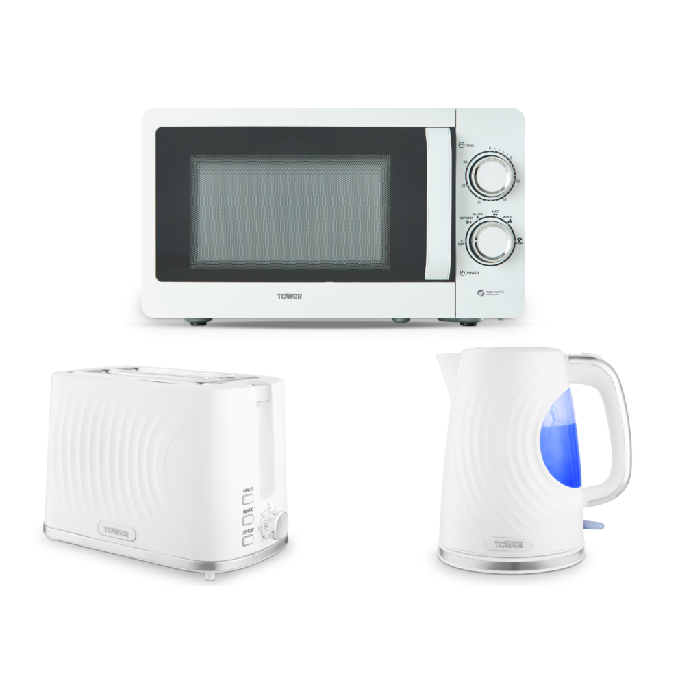 Tower Sonar White Kettle, 2 Slice Toaster & Manual Microwave Set