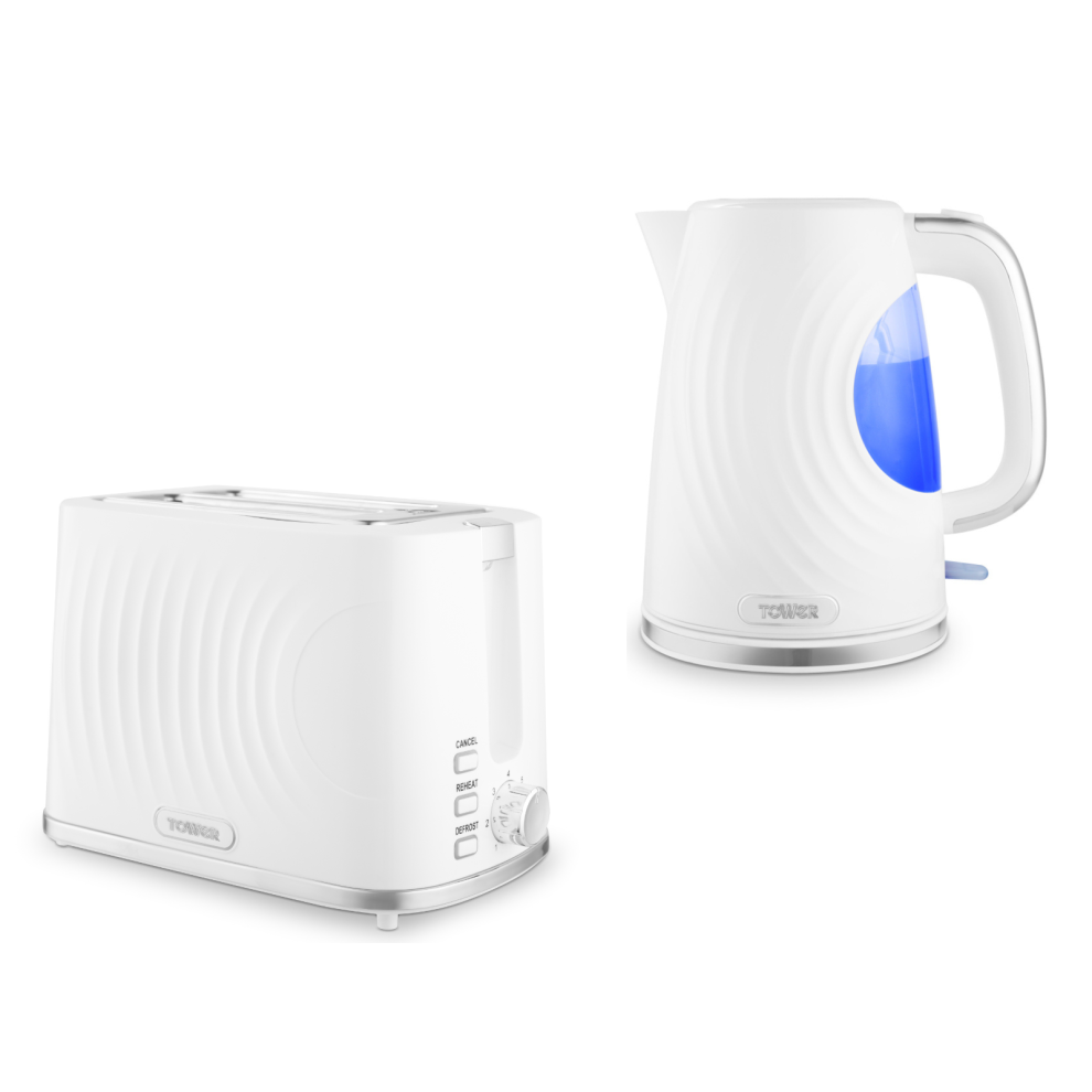 Tower Sonar White Kettle & 2 Slice Toaster with Chrome Accents