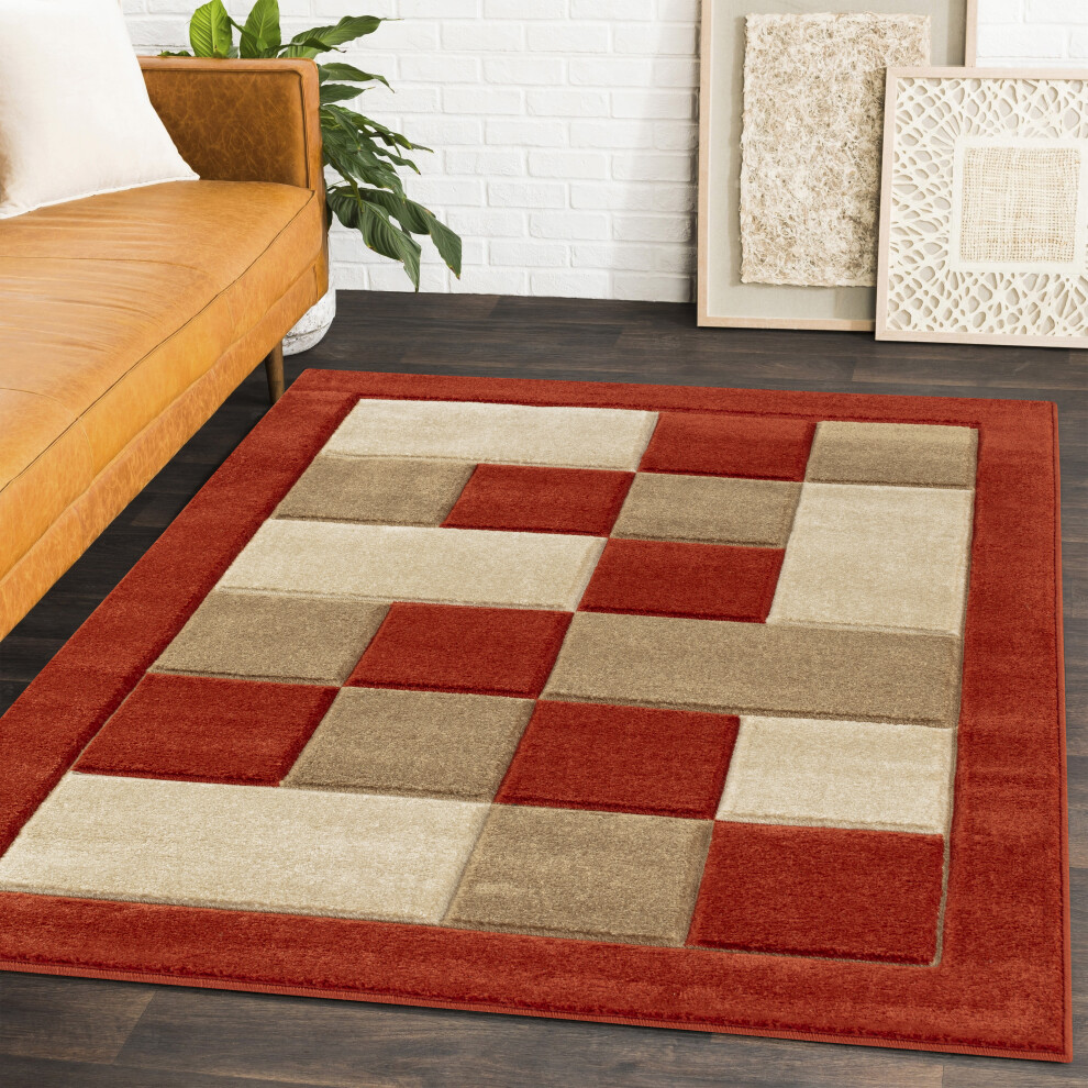 (BEIGE / TERRACOTTA, 160 cm x 220 cm) Geometric checks living room rug Beige Grey Mat