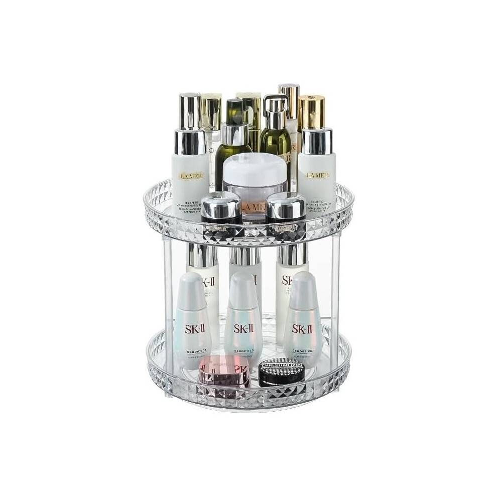 Panzy Home (Clear, 2 Tier) 360° Rotating Makeup Organizer Bathroom Carousel Spinning Holder Rack, Large Capacity Cosmetics Storage Vanity Shelf Countertop Fits C