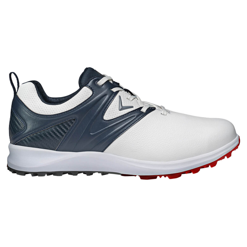 (UK 10, White/Navy) Callaway Golf Mens M599 ADAPT Spikeless Leather Upper Golf Shoes