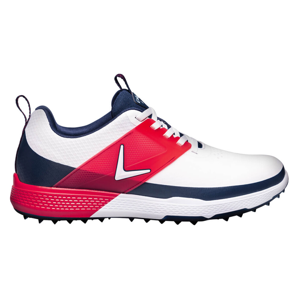 (UK 7, White/Navy/Red) Callaway Golf Mens M593 Nitro Blaze Spikeless Waterproof Golf Shoes