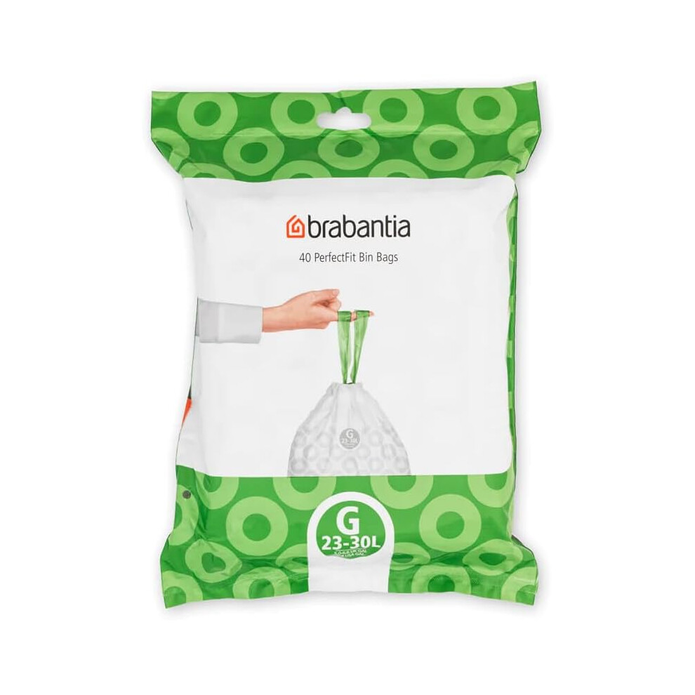 Brabantia PerfectFit Bin Liners (Size G/23-30 Litre) Thick Plastic Trash Bags with Tie Tape Drawstring Handles (40 Bags)