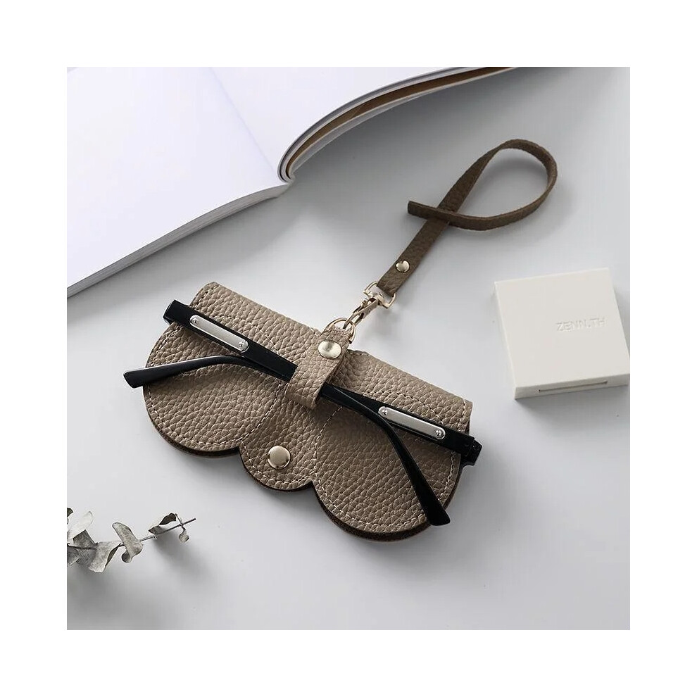 (Khaki) Litchi Embossed Glasses Cover Cute Hanging PU Leather Sunglasses Reading Storage Bag Portable Travel Eyewear Holder