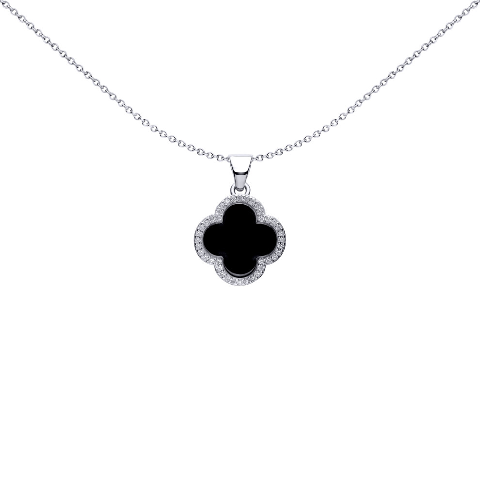 Jewelco London Rhodium Silver Black Clover Onyx & CZ Halo Lucky Charm Charm Pendant - APD233