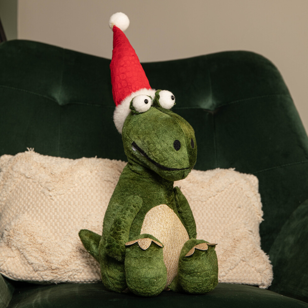 Smart Garden Products 48Cm Green Sitting Christmas Dinosaur With Santa Hat