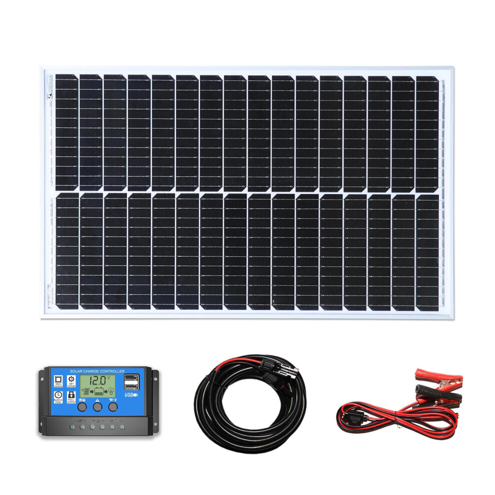 (50w Mono Solar Panel Battery Charging Kit Controller Cables Boat Caravan Home) Mono Solar Panel Battery Charging Kit Controller Cables Boat Caravan Home