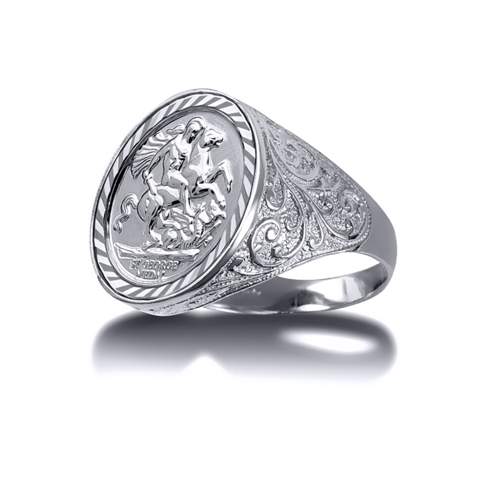 (W) Jewelco London Men's Solid 925 Silver Floral Engraved St George & Dragon Medallion Ring (Full Sov Size)
