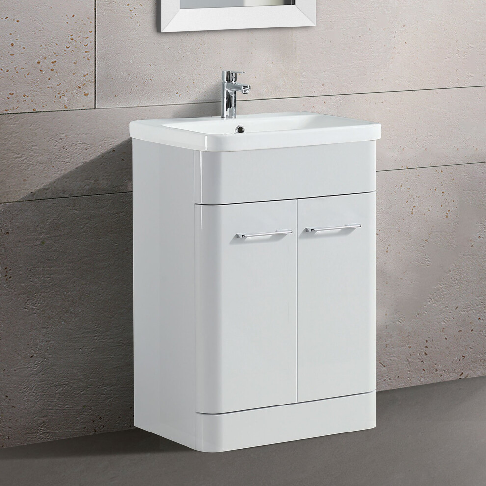 Nes Home Freestanding White Gloss Vanity Sink Unit Bathroom Furniture 600mm Modern Doors Ceramic Basin