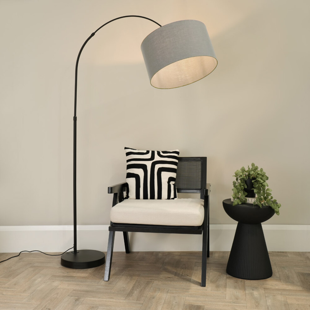 ValueLights Louis Black Arched Curved Floor Lamp with Grey Shade